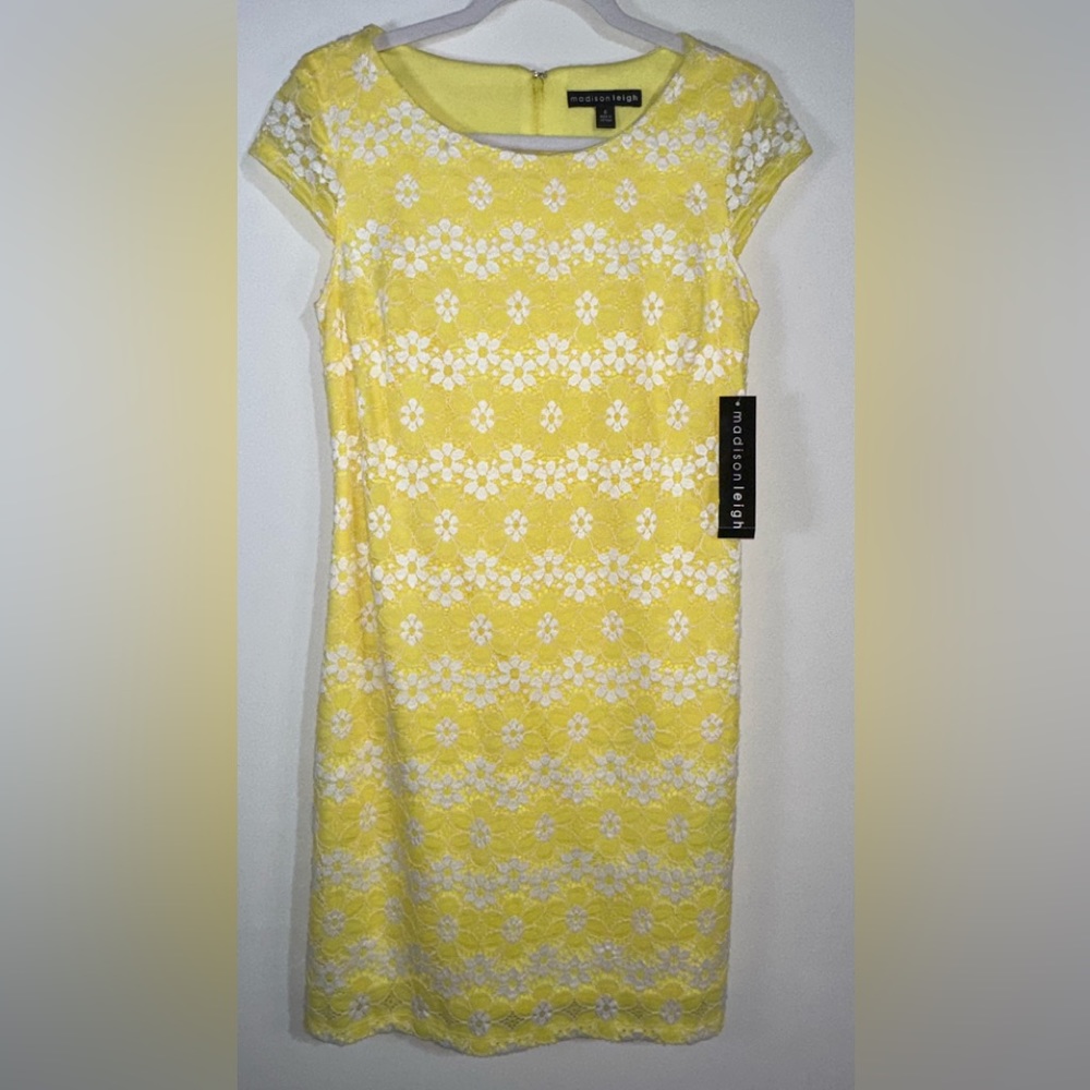 Madison Leigh Sunflower Yellow Dress with Floral Lace Overlay - Size 6